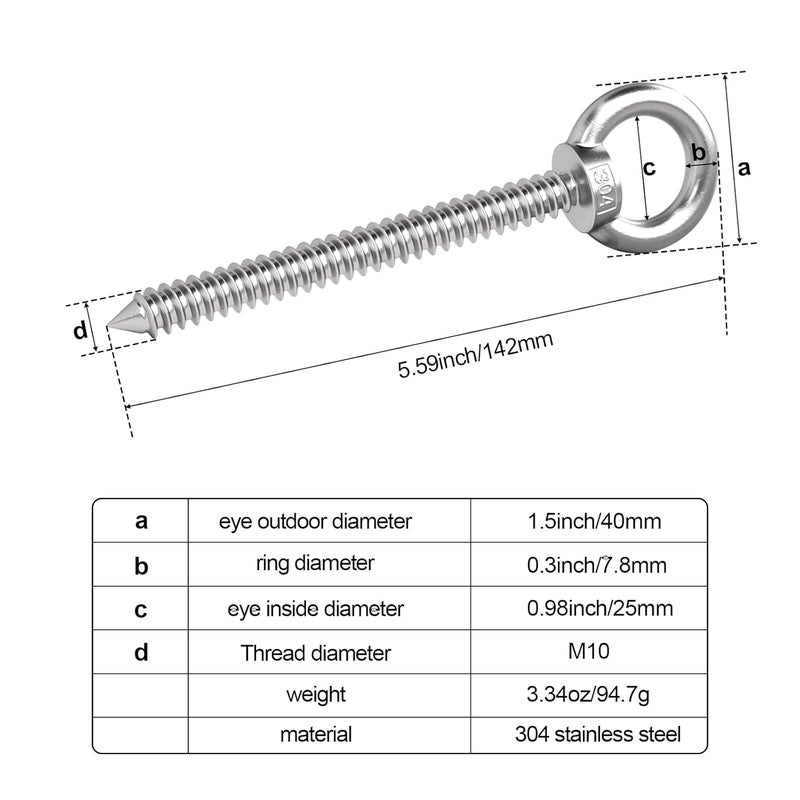 KIBBEH 5.6-Inch M10 Heavy Duty Eye Hooks, 304 Stainless Steel Self Tapping Eyelet Screw – 1000LBS Load Capacity for Secure Hammock, Swing Chair, & Yoga Use (2 Pack) - Image 4